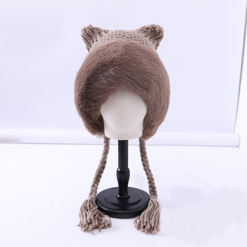 Women's Winter Pom Beanie Hat Fluffy Knit Cat Fox Ear Faux Fur Skull Cap