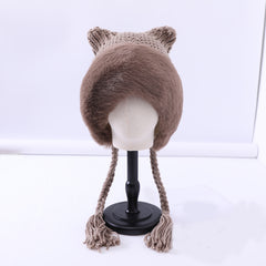 Women's Winter Pom Beanie Hat Fluffy Knit Cat Fox Ear Faux Fur Skull Cap