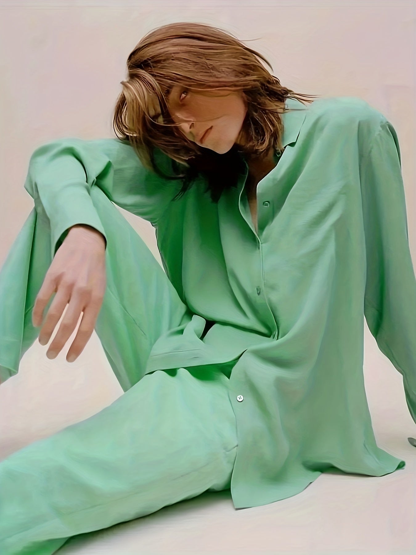  Solid Button Up Blouse & Pants Outfits 2 Piece Set