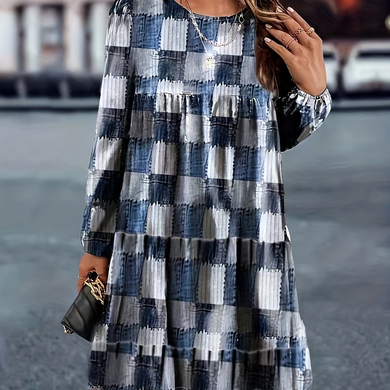  Denim Print Long Sleeve Stretch Dress