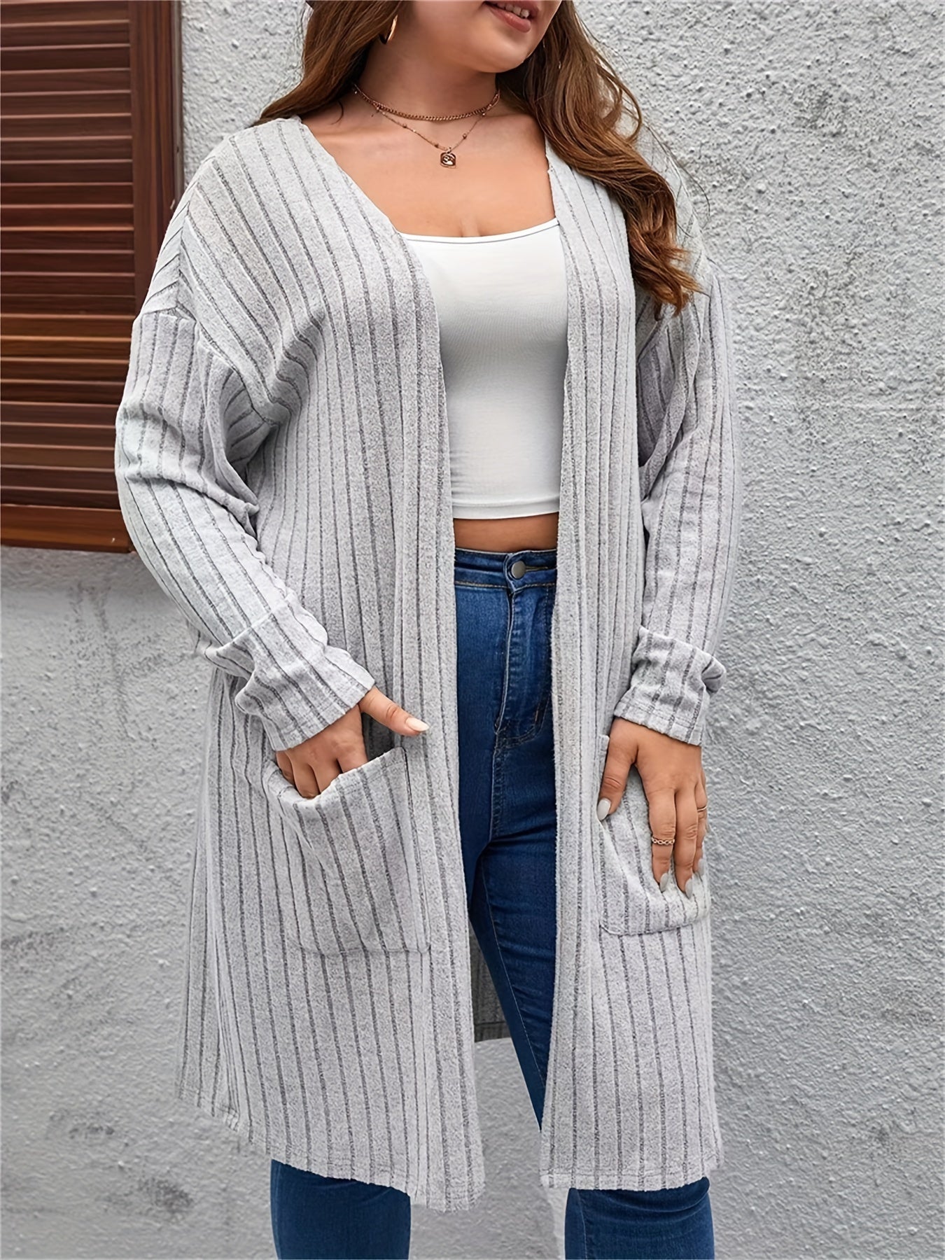  Open Front Ribbed Knit Cardigan with Pockets