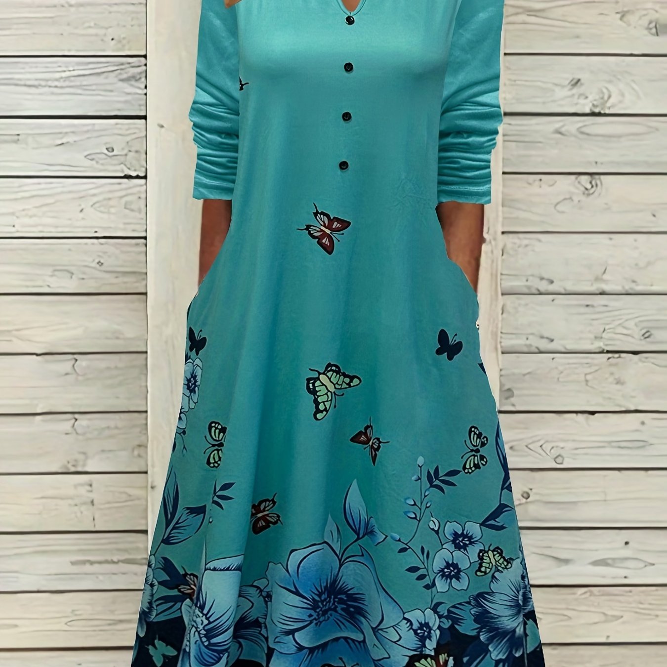 Women's Plus Butterfly & Floral Print Button Notched Neck Dress