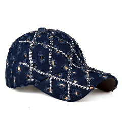 Leopard Rhinestone Denim Baseball Cap with Artificial Diamonds