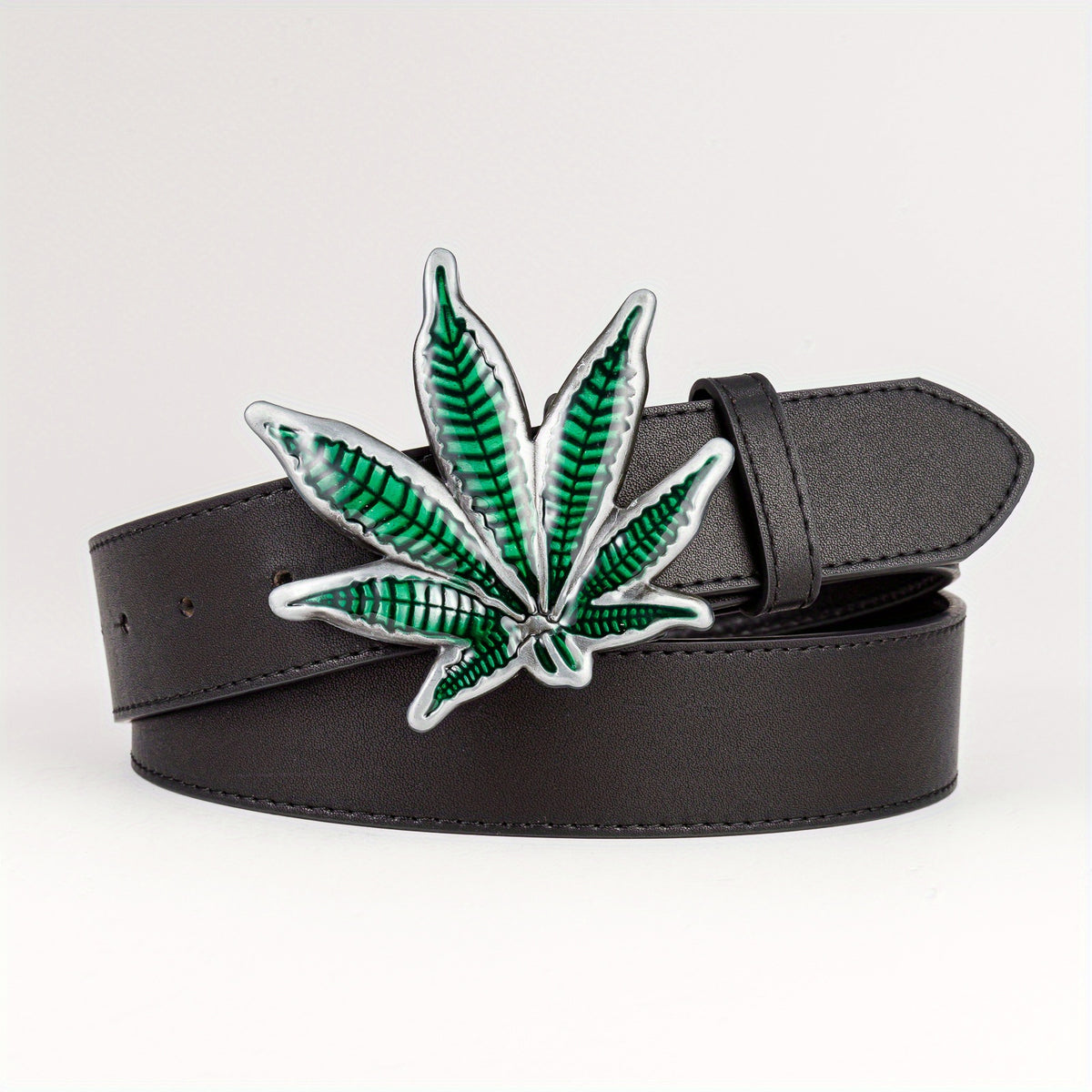 Men's Green Maple Leaf Buckle PU Leather Belt Casual Waist Belt