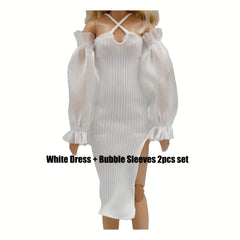 30cm Halter Split Long Dress Bubble Sleeves 2pcs set Doll Clothes