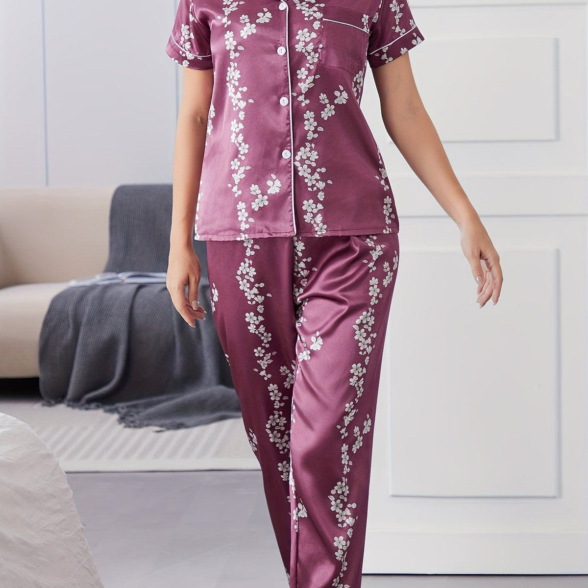 Floral Pajama Set Short Sleeve Top & Elastic Waist Pants