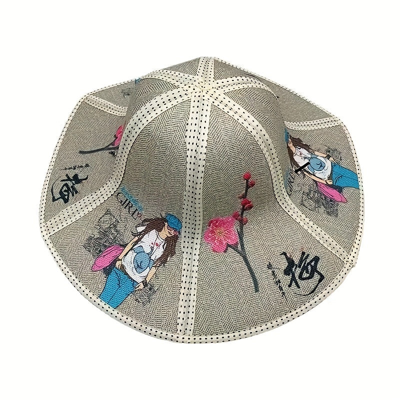 Boho Foldable Straw Hat Chin. Style Sun Hat Vintage Umbrella