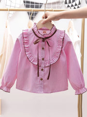 Girls Striped Preppy Shirt Button Down Bow Blouse