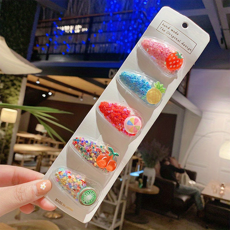 5 Pcs Sparkle Fruit Snap Hair Clips for Girls - Quicksand Bling Sequin Hairpins