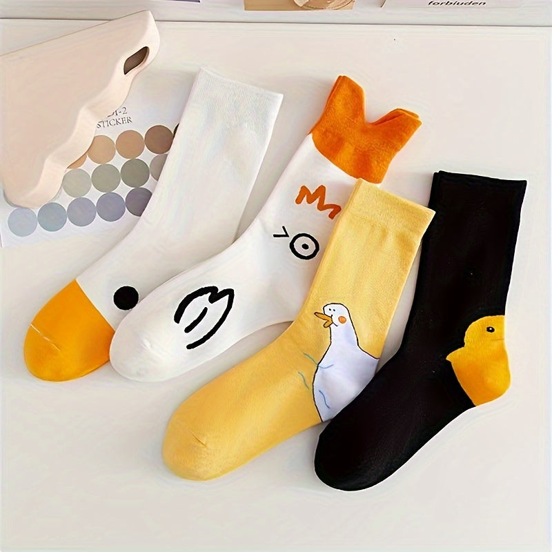 4 Pairs Cartoon Duck Print Socks Women's Stockings