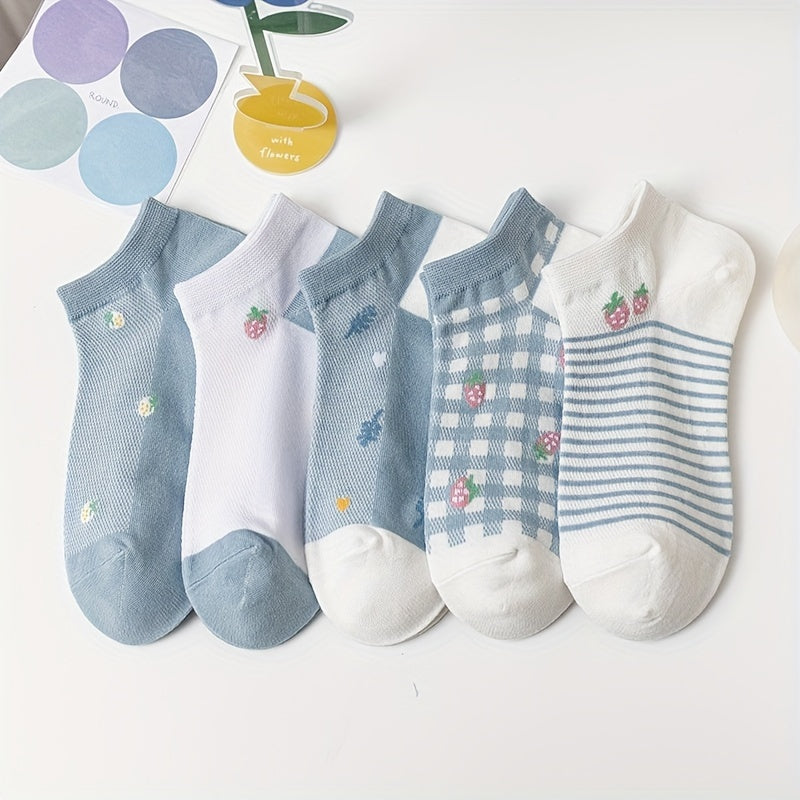 10 Pairs Strawberry Print & Low Cut Ankle Socks Women's Stockings