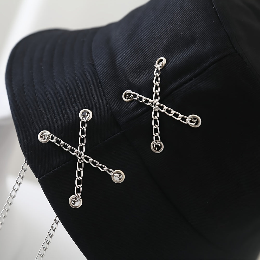 Metal Chain Decor Bucket Hat Solid Casual Sun Hat Unisex Fisherman Cap
