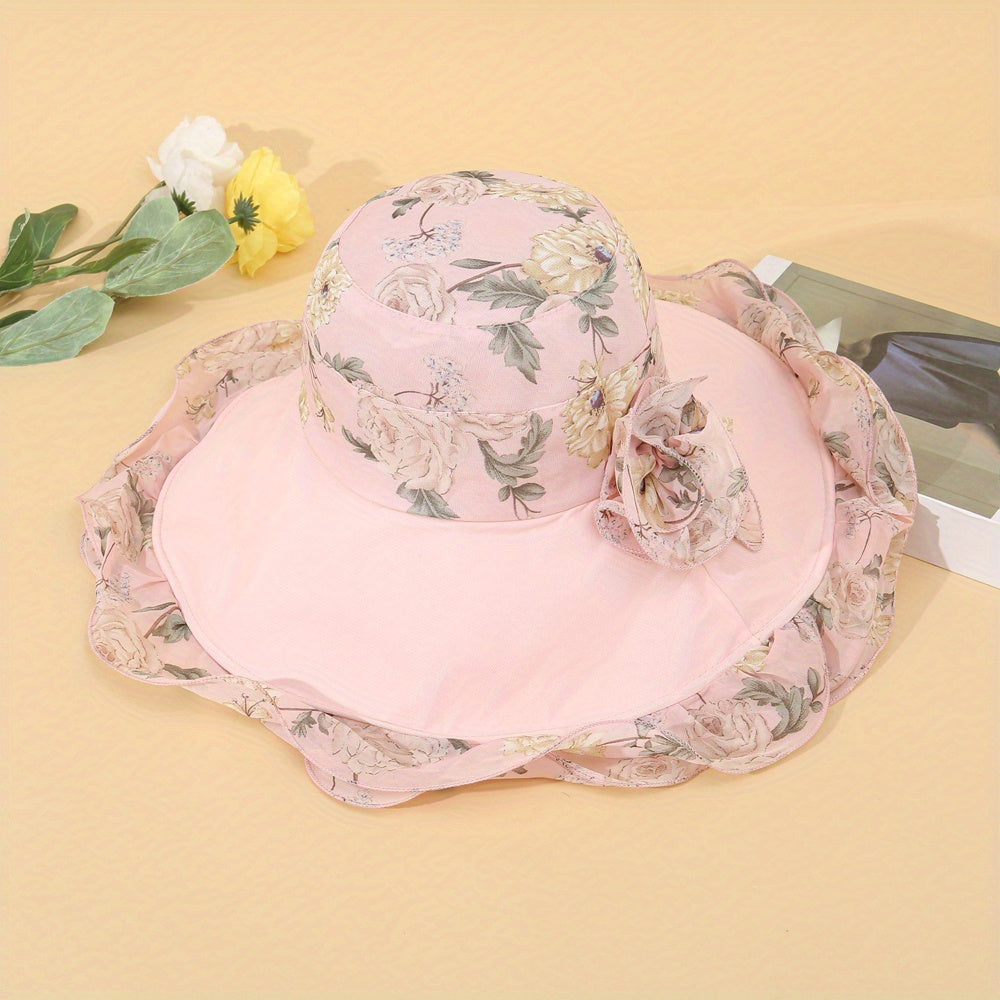 Chiffon Ruffles Floral Bucket Hat Wide Brim Sunscreen Fisherman Cap