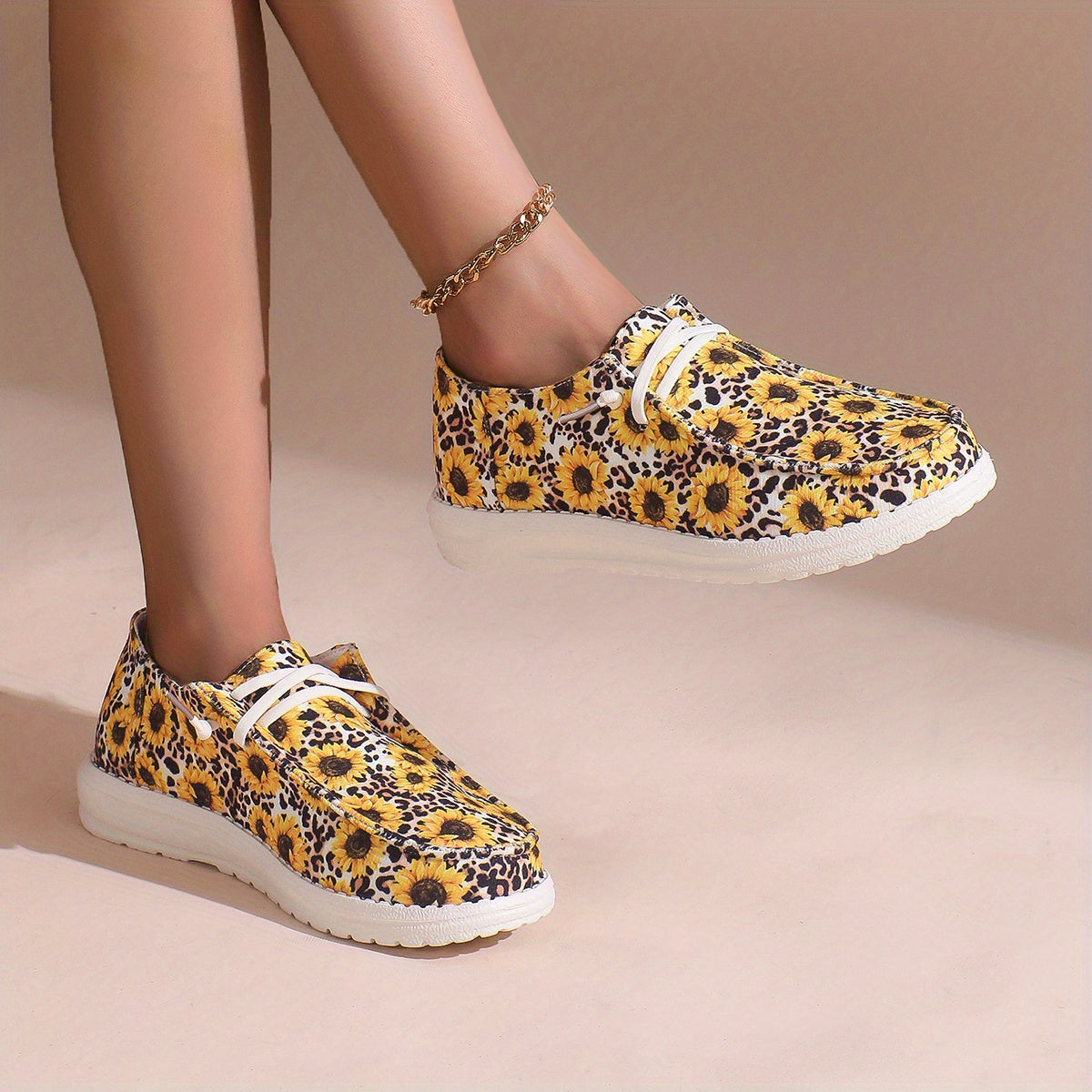 Women's Sunflower & Leopard Print Skateboard Shoes Lightweight Walking Shoes