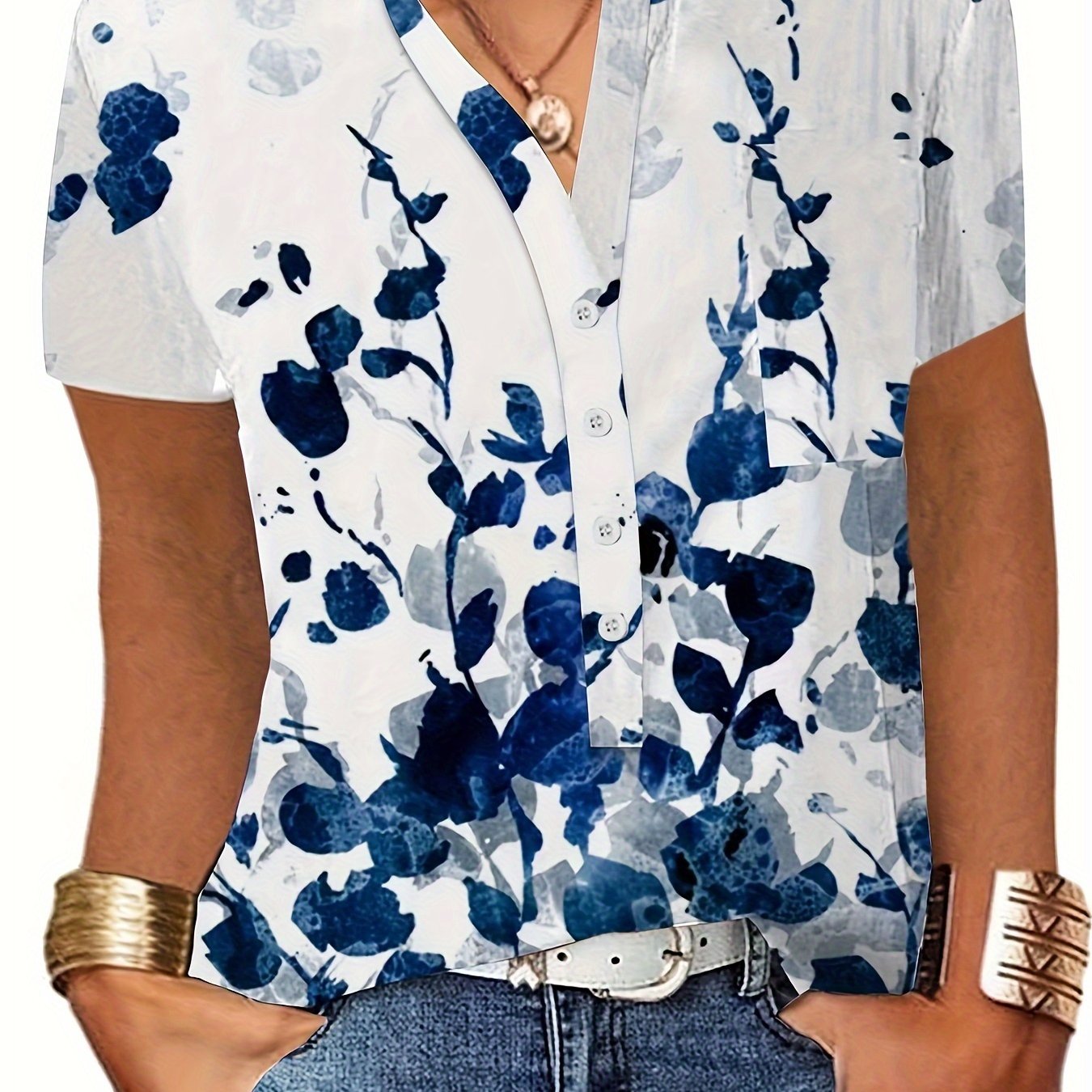 Women's Plus Floral Print Short Sleeve Button Up V Neck Blouse