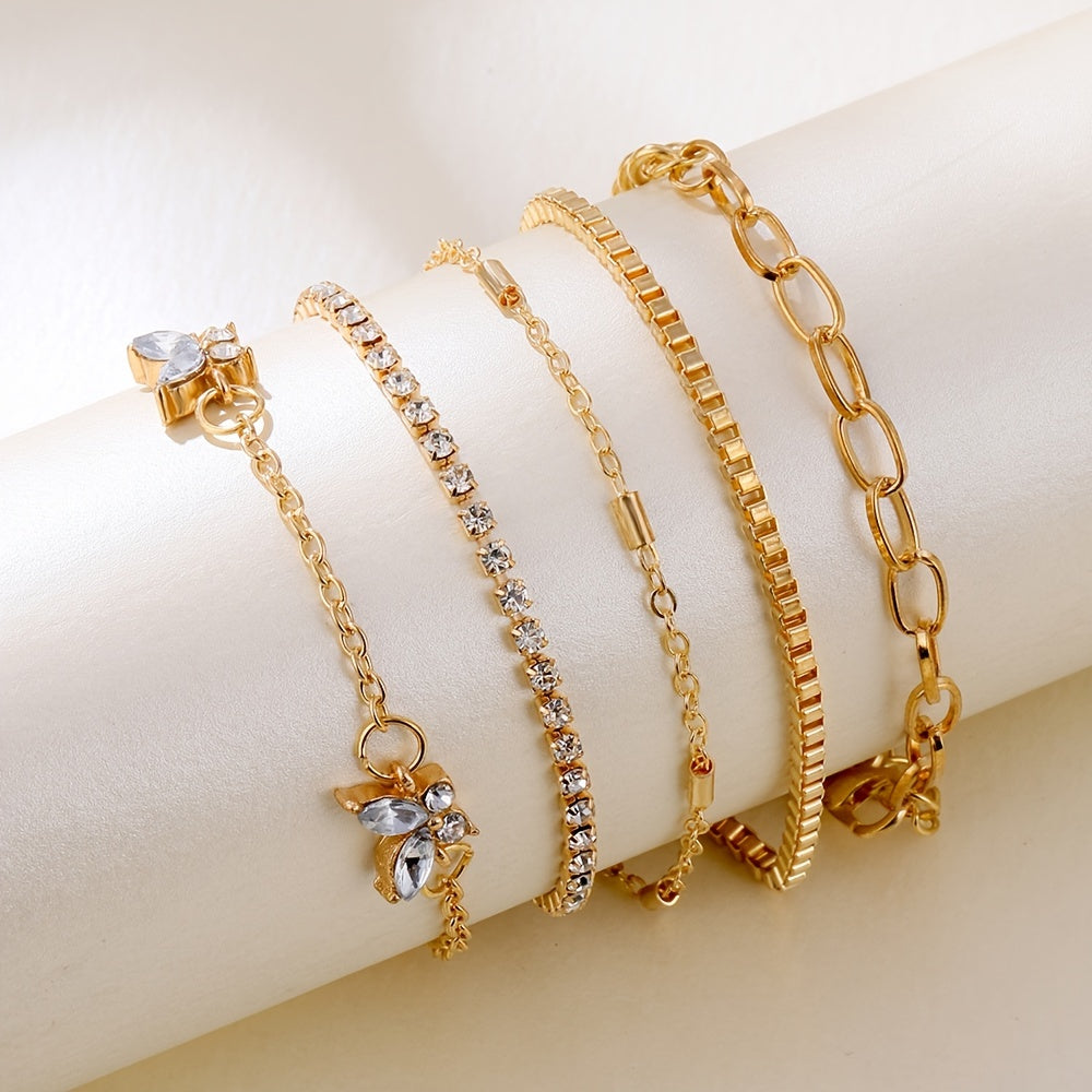 Golden Chain Butterfly Rhinestone Bracelet Set