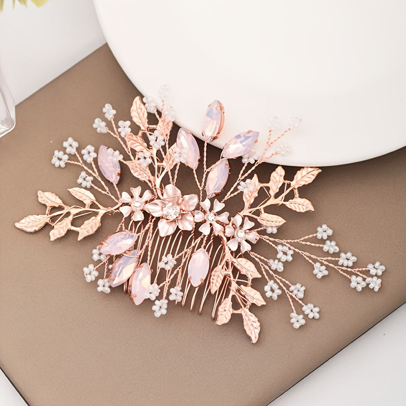Rose Gold Hair Comb Crystal Floral Leaf Bridal Wedding Headpiece