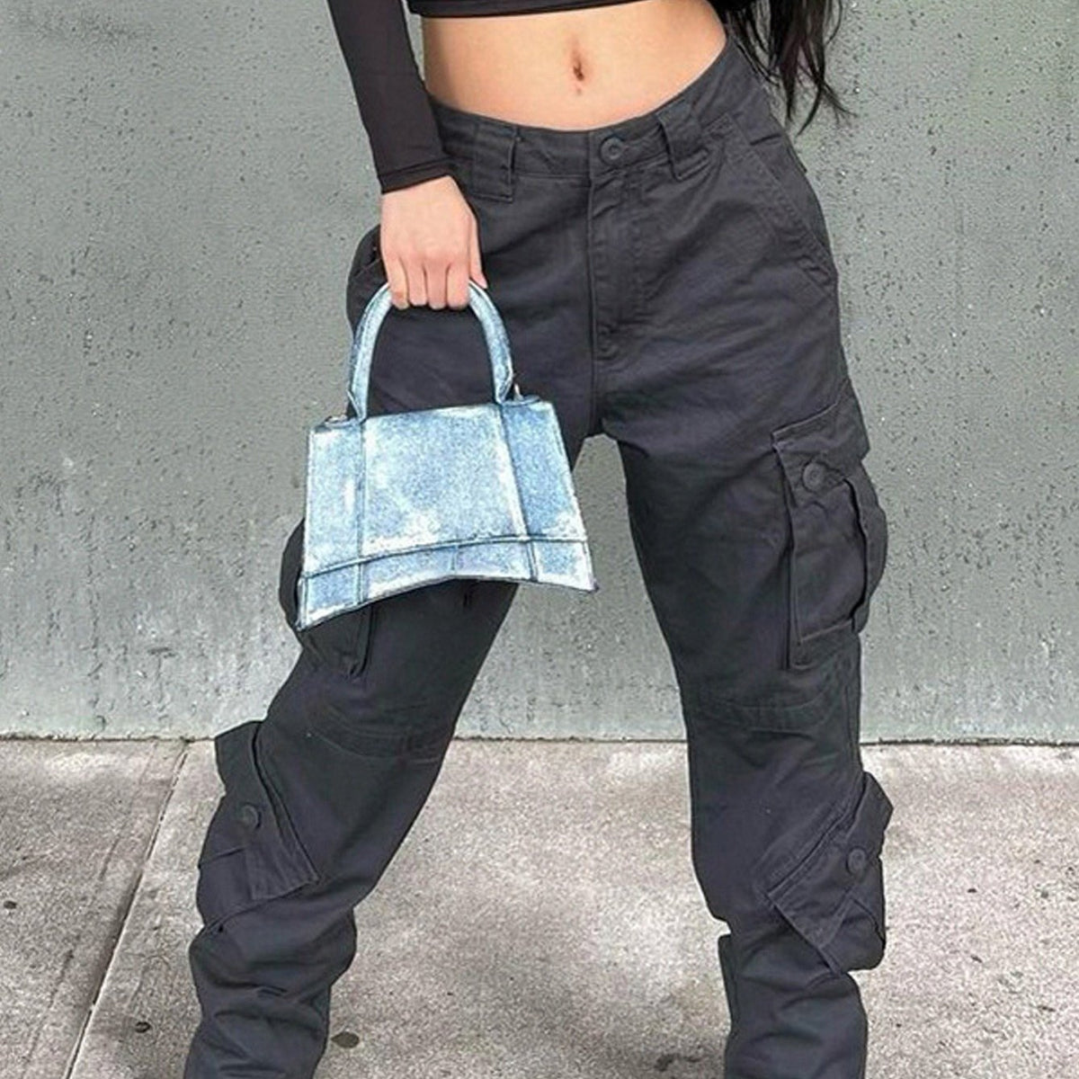 Dark Gray Cargo Pants Relaxed Fit Straight Leg Jeans Y2K Vintage Style