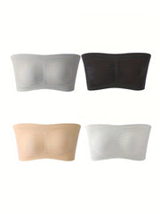 4 Pack Plus Size Casual Tube Bra Women's Plus Solid Ruched High Stretch