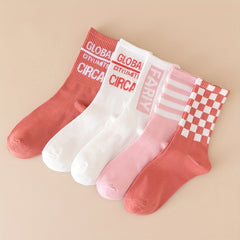 5 Pairs Letter & Striped Print Mid Tube Socks