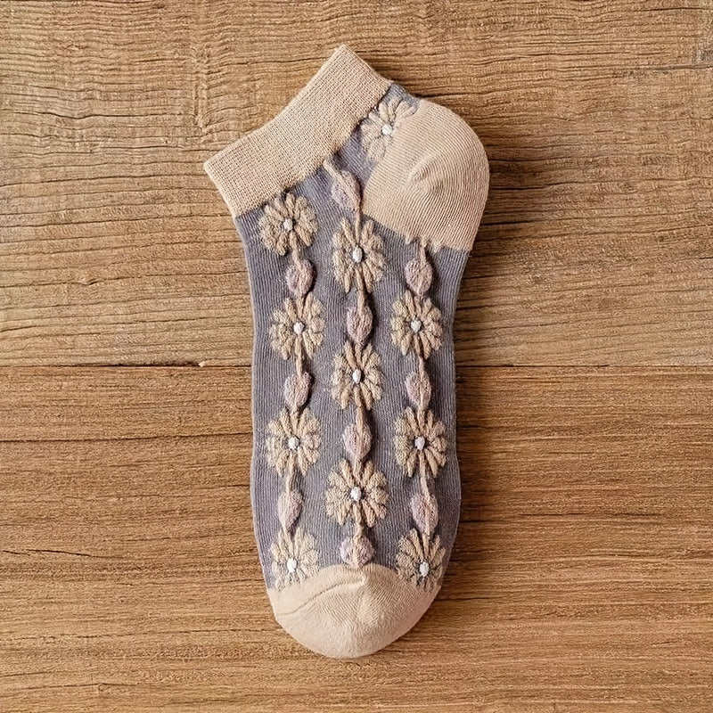 5 Pairs 3D Floral Textured Socks Retro Short Socks Women's Stockings
