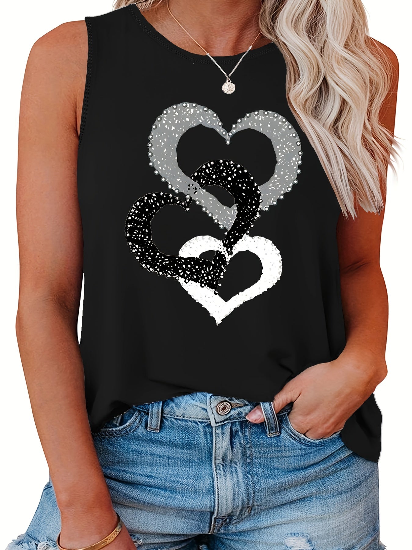  Casual Tank Top Women's Heart Print Round Neck Stretch Tank Top