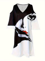  Abstract Face Print Cold Shoulder V Neck Dress