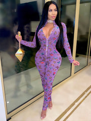 Butterfly Print Zip Up Jumpsuit Long Sleeve Skinny Jumpsuit
