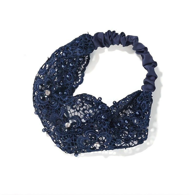 Embroidered Flower Snow Yarn Wide Turban Lace Elastic Hair Band