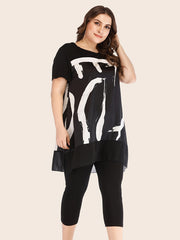  Mesh Graphic Print Top & Bodycon Pants Set Women's Plus Outfit 2 Pcs