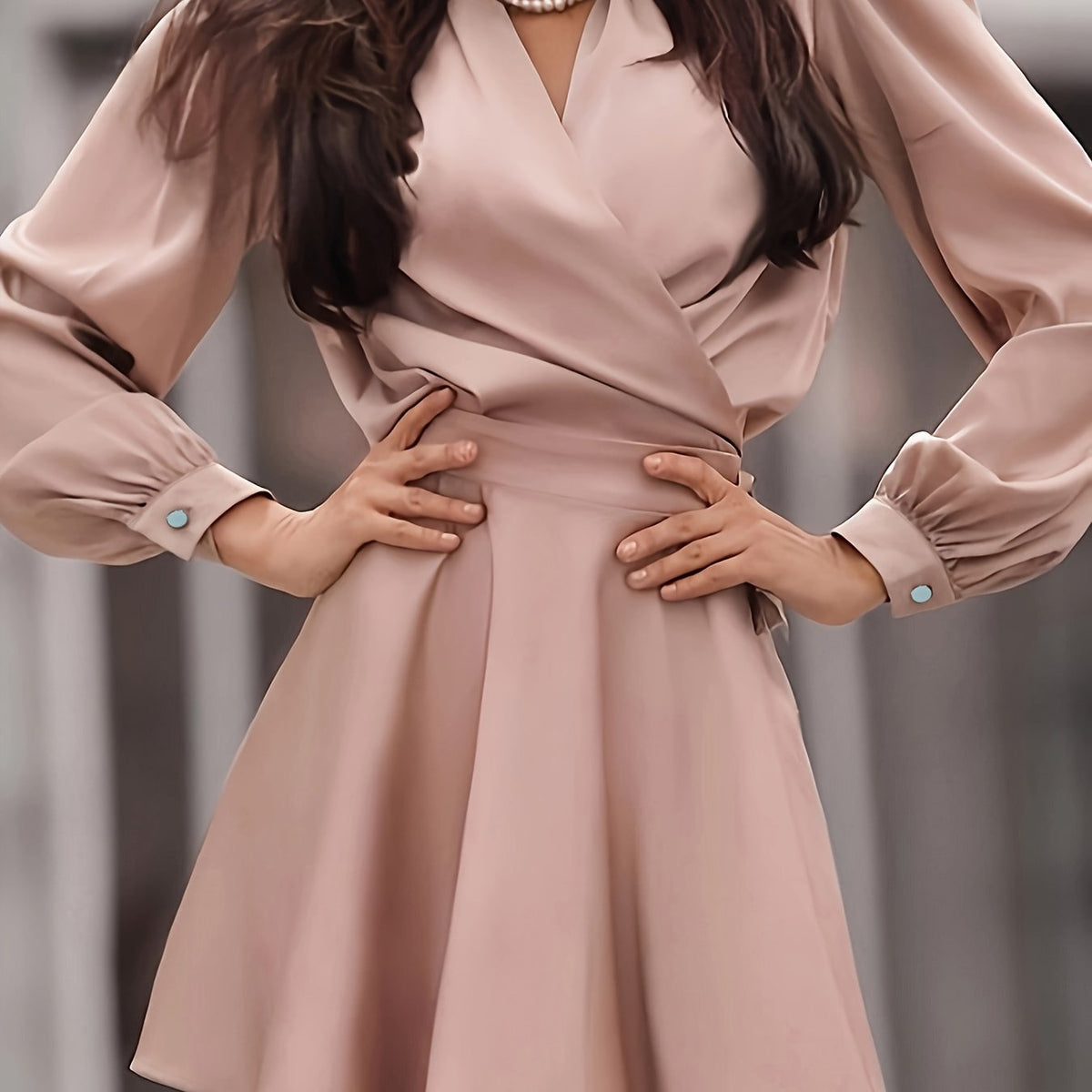  Ruched Lantern Sleeve A-line Dress