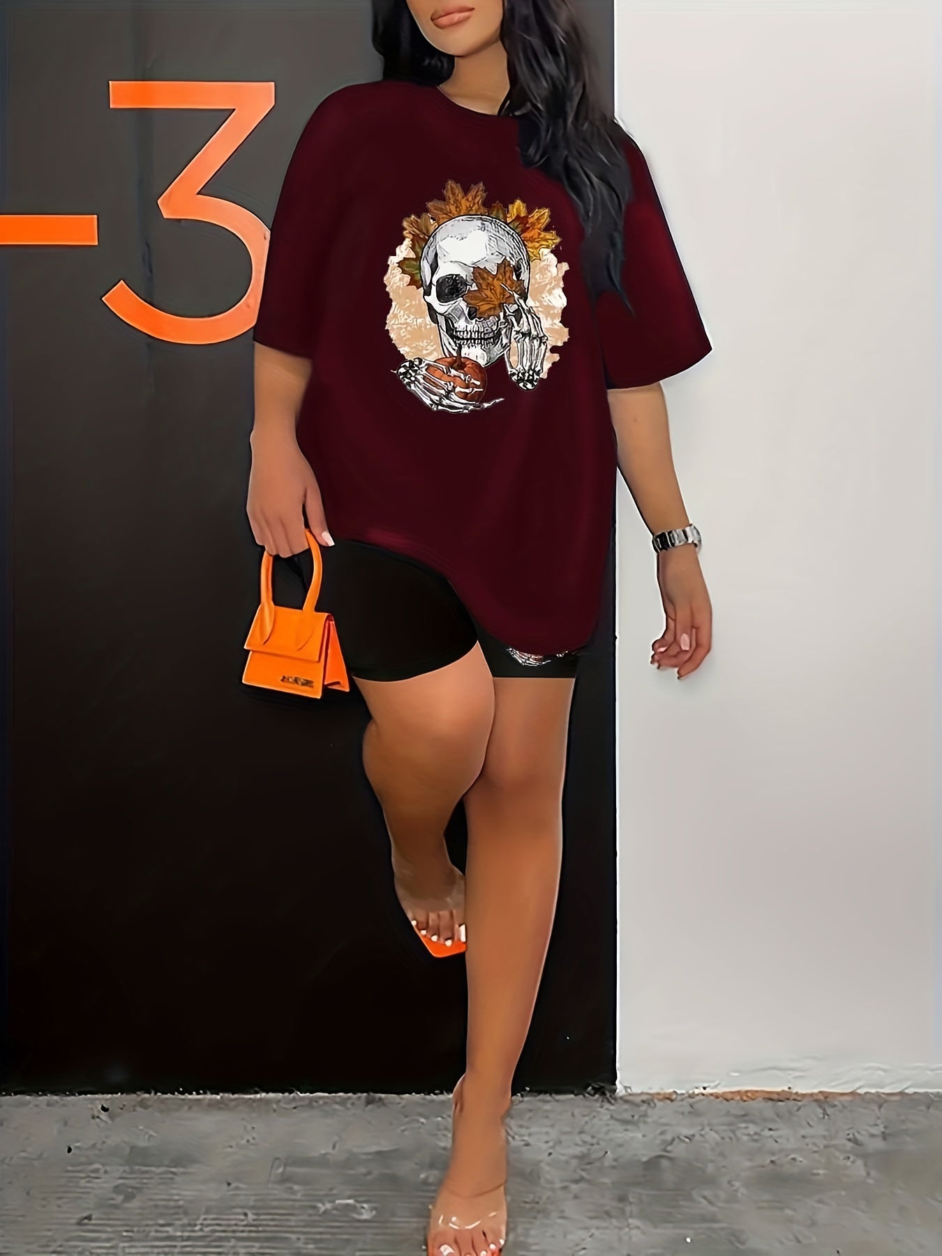  Halloween Skull & Maple Leaf & Pumpkin Print Top & Biker Shorts Set
