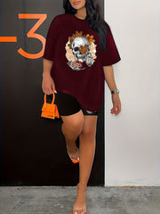  Halloween Skull & Maple Leaf & Pumpkin Print Top & Biker Shorts Set