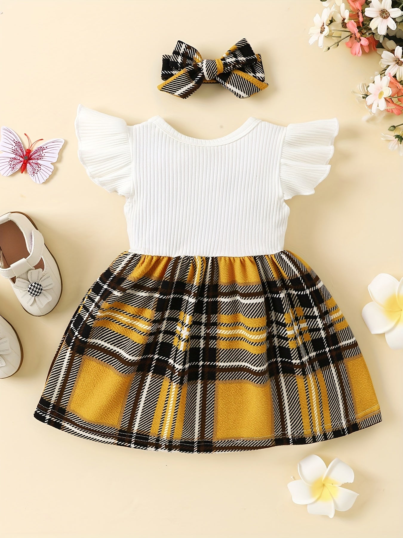 2pcs Baby Girls Splicing Suspender Dress Bow Plaid Dress Set