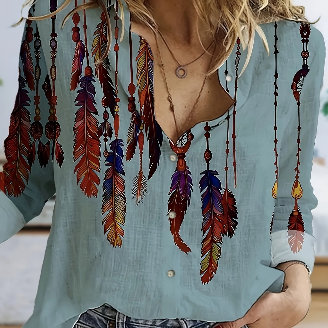  Tribal Print Long Sleeve Blouse