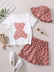 Boys Bear Print T-shirt & Shorts & Hat Set Casual Summer Outfit
