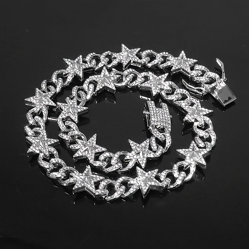 Cuban Hip Hop Artificial Diamond Pentagram Chain Necklace