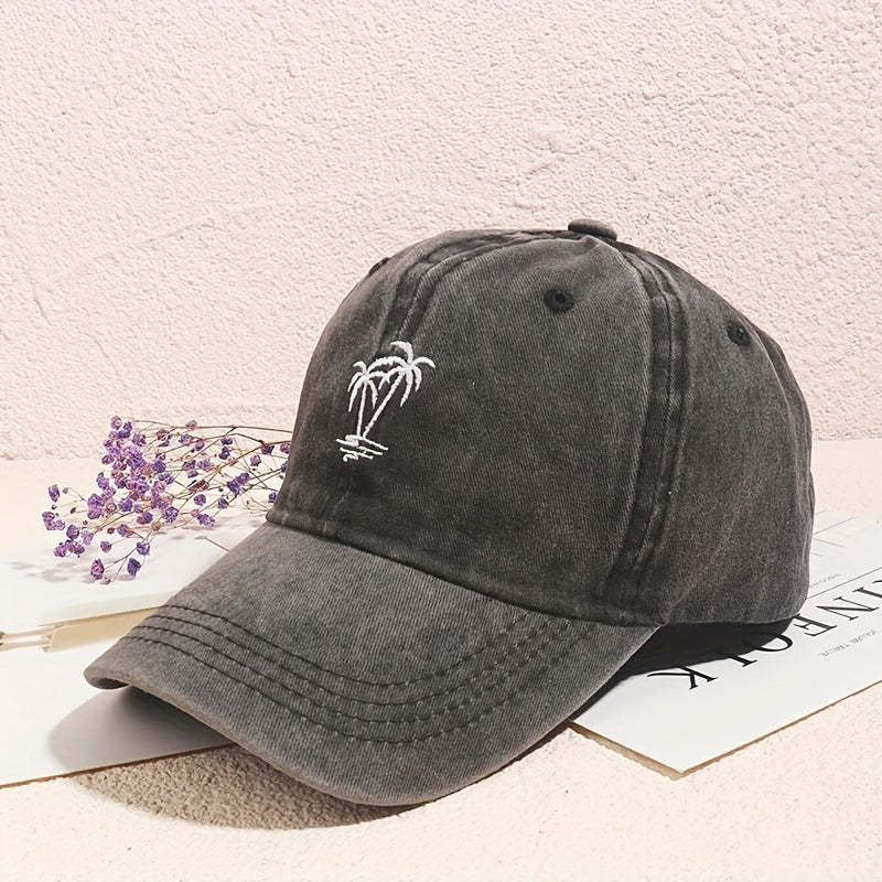 Coconut Tree Embroidery Baseball Cap Unisex Washed Distressed Sun Hat