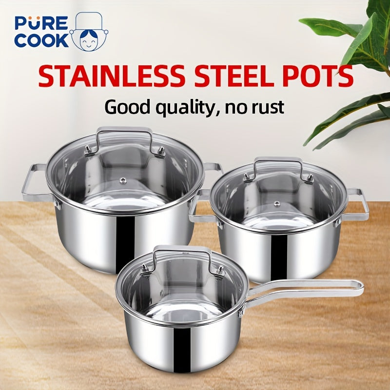 6pcs Stainless Steel Cooking Pot Set Glass Lid Saucepan Soup Pot