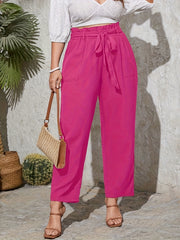  Solid Elastic High Rise Trousers With Belt