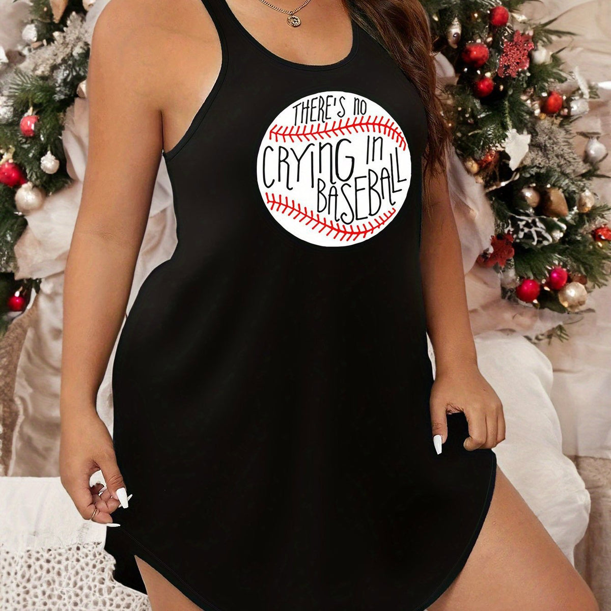  Baseball Print Racer Back Tank Sleep Dress