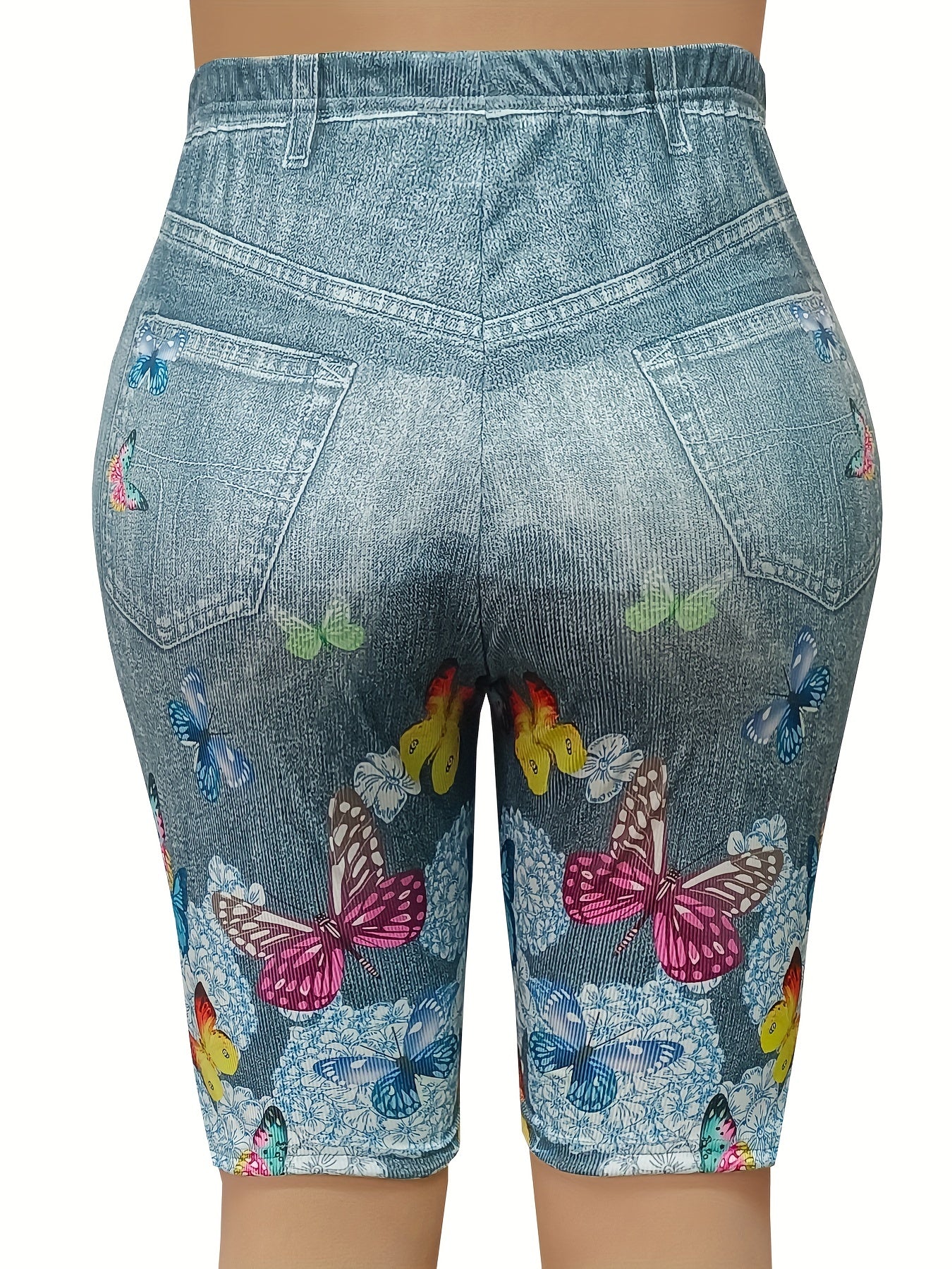 Plus Denim & Butterfly Print High Rise Skinny Slight Stretch Shorts