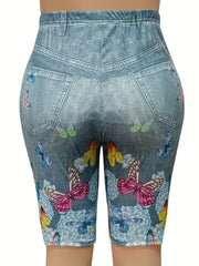 Plus Denim & Butterfly Print High Rise Skinny Slight Stretch Shorts
