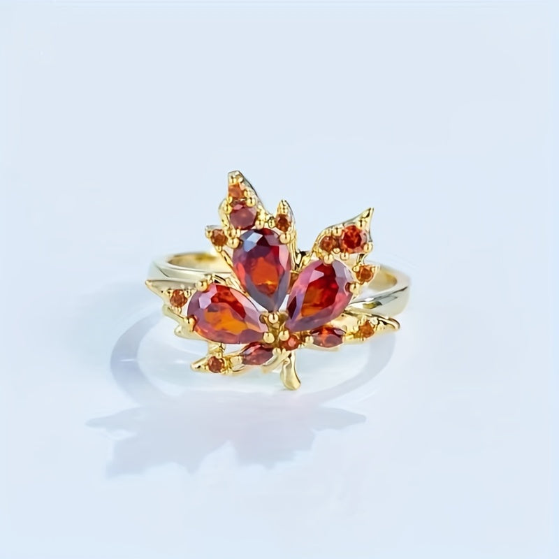 Adjustable Ring Necklace And Earrings Set Red Leaf Artificial Diamond