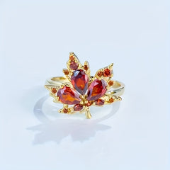 Adjustable Ring Necklace And Earrings Set Red Leaf Artificial Diamond