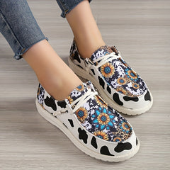 Women's Sunflower Canvas Shoes Round Toe Cow Print Loafers