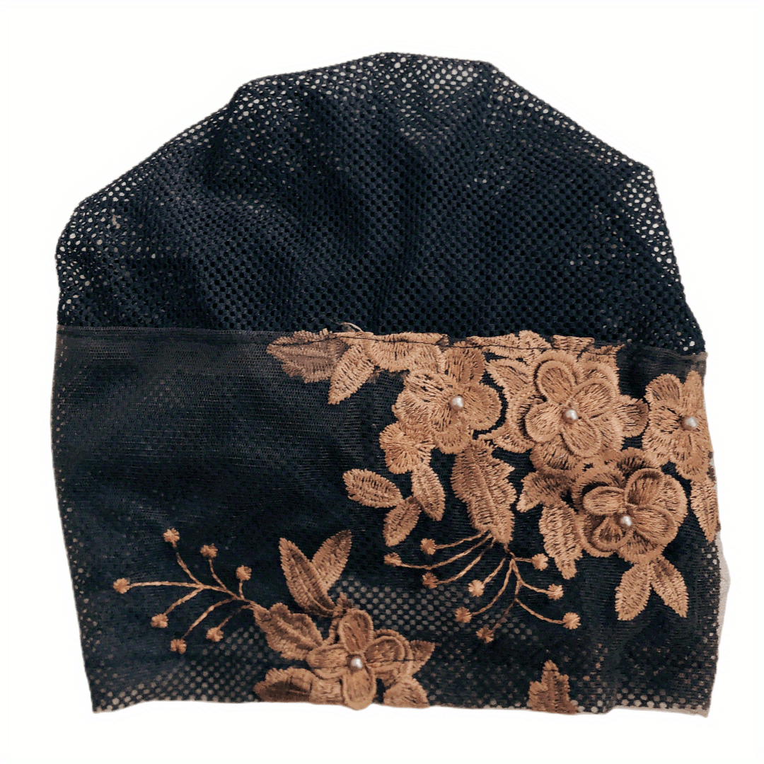 Lace Flower Embroidery Turban Cap Mesh Breathable Ruffle Head Wrap Elastic Hijab
