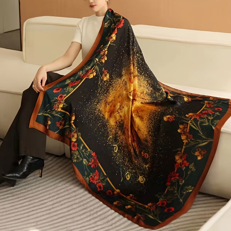 Vintage Flower Print Square Scarf Silk Shawl Casual Windproof Head Wrap Sunscree
