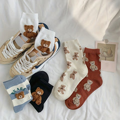 5 Pairs Cartoon Bear Print Socks Comfy & Mid Tube Socks Women's Stockings