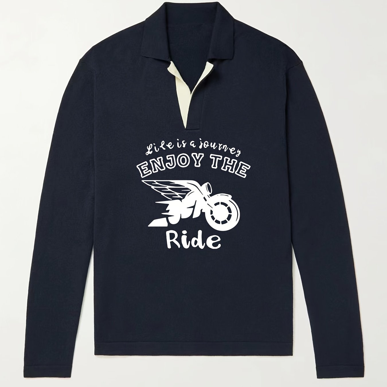 Men's Motorcycle Pattern Knit Polo Shirt V Neck Pullover Sweater